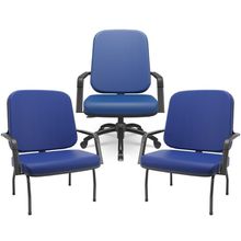 Kit Cadeira De Escritório Giratória E 2 Cadeiras Fixas Preta Magno P03 Vinil Azul - Lyam Decor