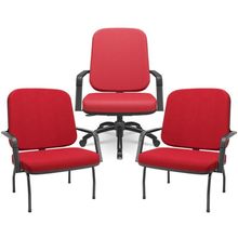 Kit Cadeira De Escritório Giratória E 2 Cadeiras Fixas Preta Magno P03 Crepe Vermelho - Lyam Decor