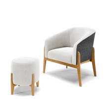 Poltrona e Puff Decorativo Base Madeira Stella PU Preto/Bouclê Off White D03 - D'Rossi