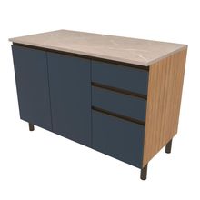 Balcão Bartira Cristal em MDP com 2 Portas e 3 Gavetas, 120,1cm de largura - Lâmina de Mel/Azul Royal