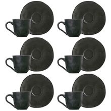 Conjunto com 6 Xícaras e Pires para Café Porto Brasil Carbon em Stoneware Preto - 120 ml