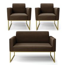 Sofá Namoradeira com 2 Poltronas Base Industrial Dourado Marisa Suede Marrom D03 - D?Rossi