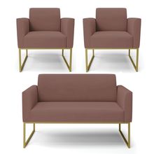 Sofá Namoradeira com 2 Poltronas Base Industrial Dourado Marisa Veludo Rosê D03 - D'Rossi