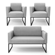 Sofá Namoradeira com 2 Poltronas Base Industrial Preto Marisa Suede Cinza