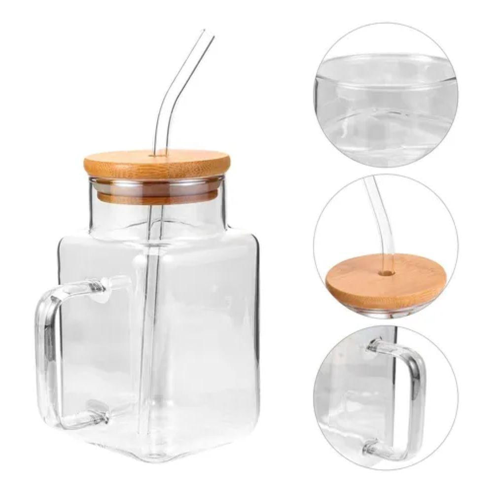 Copo de Vidro com Tampa de bambu e Canudo 560 ml-  Quanhe