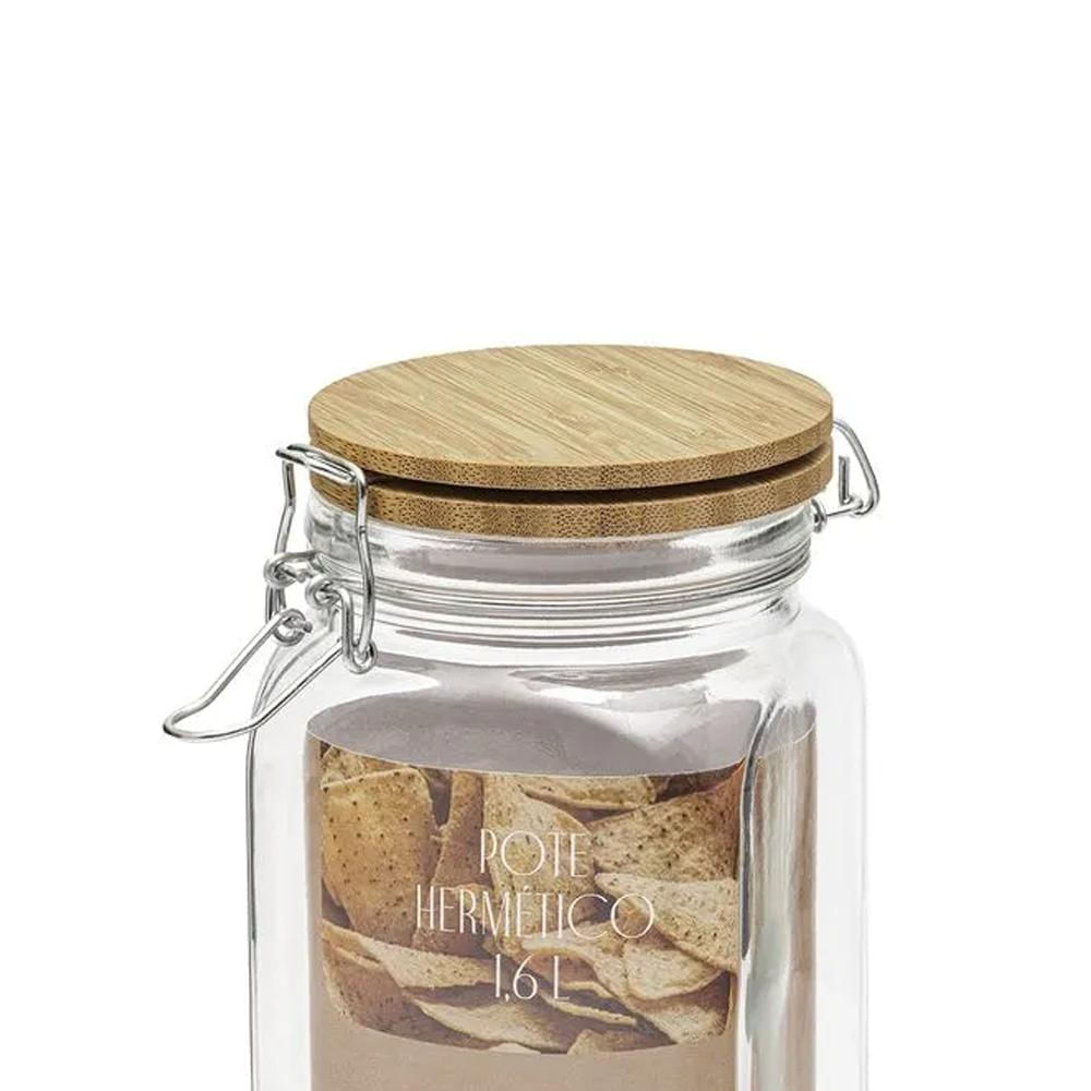 Pote Hermético de Vidro 1,6L com Tampa de Bambu Retrô