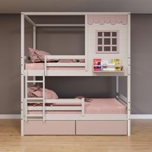 Beliche Casinha Reta 02 Rosa Gavetas E Grade Removível Madeira Maciça Branco/ Rosa Housin