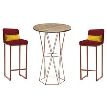 Kit Mesa Bistrô E 2 Banqueta Tampo Rústico Ferro Bronze Vermelho E Almofada Amarelo