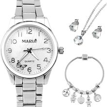 Relogio Aco Inox Prata Feminino + Pulseira + Brincos Colar Presente Social Strass Ajustavel Garantia