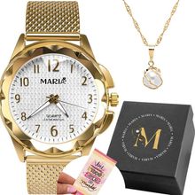 Relogio Aço Inox Banhado Feminino + Caixa + Colar Perola Perola Cartão Presente Silicone Prova Dagua