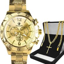 Relogio Masculino Dagua Banhado Prova Aco + Crucifixo Cordao Casual Presente Aço Inoxidavel Dragao