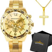 Relogio Dourado Masculino Inox Aço + Pulseira Silicone Banhado Pesado Resistente Religioso Crucifixo