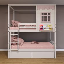 Beliche Casinha Reta 02 Gavetas Rosa Madeira Maciça Branco/ Rosa Housin