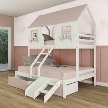 Beliche Casal/ Solteiro Casinha Encantada Com 02 Gavetas Kit Escorregador Madeira Maciça Branco/ Rosa Megamobilia