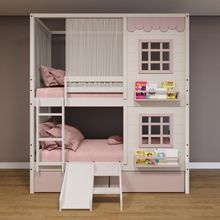 Beliche Casinha Reta 02 Janelas 02 Gavetas Rosa Cortina E Escorregador Madeira Maciça Branco/ Rosa Housin