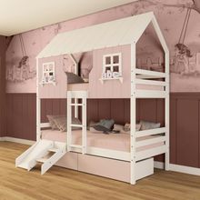 Beliche Casinha Encantada Com 02 Gavetas Kit Escada/ Escorregador Madeira Maciça Rosa/ Branco Megamobilia