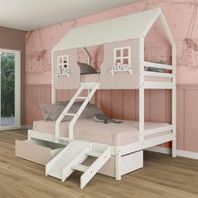 Beliche Casal/ Solteiro Casinha Encantada 02 Gavetas Kit Escada/ Escorregador Madeira Maciça Rosa/ Branco Megamobilia