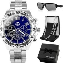 Relogio Prata Masculino Aco Inox + Oculos + Corrente Cordao Protecao Uv Pesado Original Robusto