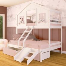 Beliche Casal/ Solteiro Casinha Sonhos 02 Gavetas Rosa Kit Escada/ Escorregador Madeira Maciça Branco/ Rosa Megamobilia