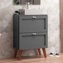 Gabinete Para Banheiro Com Tampo E Cuba 60cm Retro Mdf Grafite Milano - On Móveis