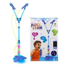 Microfone Infantil Duplo Pedestal Karaoke Azul