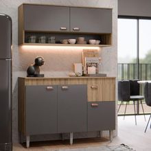 Kit Armário De Cozinha Aéreo E Bancada Completo Com 5 Portas E 1 Gaveta Carvalho Grafite