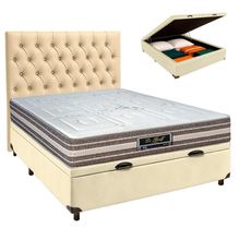 Cama + Bau Bege E Colchão Molas Ensacadas Casal - Legriff Sankonfort + Cabeceira