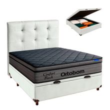 Baú Branco + Cabeceira + Colchão Casal Confort Black Ortobom