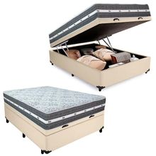 Cama Box Baú Casal Sintético + Colchão Anjos Black Graphite Molas Ensacadas 138x188x64cm Cor:bege