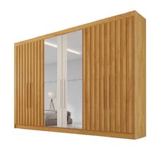 Guarda Roupa 6 Portas Potente 4 Ripado Com Espelho 100% Mdf Peroba/off White