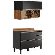 Balcao Com Tampo E Armario Aereo Vidro 120 Cm Proenca Nogueira Carbono Prime Demartez Nogueira Carbono Prime