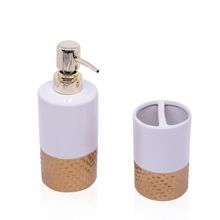 Kit Banheiro 01 Porta Sabonete Liquido e 01 Porta Escova Em Cerâmica Branco e Dourado - D'Rossi