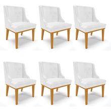 Kit 06 Cadeiras Liz Corano Branco Base Fixa Madeira Castanho - D'Rossi