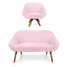 Kit 01 Namoradeira 02 Lugares e 01 Poltrona Giratória Giovana Suede Rosa Bebê Base Madeira MM30 - D'Rossi