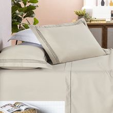 Jogo Cama Lençol Trivio Queen 400 Fios Bordado Fronhas Aba Americana 4 Peças Bege