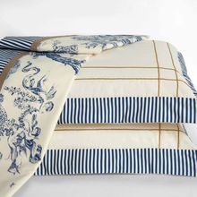 Jogo Cama Lençol Nobreza Queen Percal 180 Fios 04 Peças - Palha com Azul