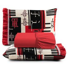 Jogo Cama Lençol Fiore King Estampado 180 Fios 100% Algodão com Babadinho 3 Peças Vermelho Oriental Japonês