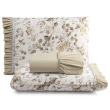 Jogo Cama Lençol Fiore Queen Estampado 180 Fios 100% Algodão com Babadinho 3 Peças Bege Floral