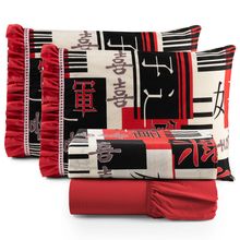 Jogo Cama Lençol Fiore Queen Estampado 180 Fios 100% Algodão com Babadinho 4 Peças Vermelho Oriental Japonês