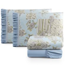 Jogo Cama Lençol Fiore Queen Estampado 180 Fios 100% Algodão com Babadinho 4 Peças Azul Floral