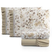Jogo Cama Lençol Fiore Queen Estampado 180 Fios 100% Algodão com Babadinho 4 Peças Bege Floral