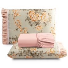 Jogo Cama Lençol Fiore Queen Estampado 180 Fios 100% Algodão com Babadinho 3 Peças Salmão Floral