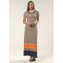 Vestido Longo Pau a Pique Listrado Azul Marinho e Laranja