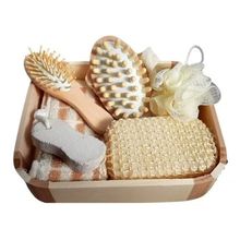 Kit Banho com 6 Peças Higiene Pessoal Cesta Estojo de Madeira - Esponja, Bucha, Escova