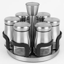 Porta Temperos Giratório Inox Com 6 Potes de Vidro Herméticos Design Sofisticado