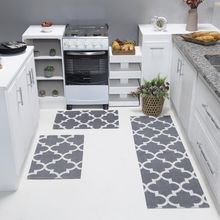 Kit Passadeira Tapete Cozinha 3 Peças Jacquard Base Antiderrapante - Medalhão Cinza