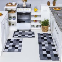 Kit Passadeira Tapete Cozinha 3 Peças Jacquard Base Antiderrapante - Tabuleiro Preto e Branco