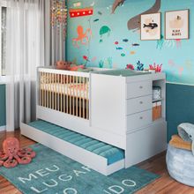 Berço Cama com Cômoda e Cama Auxiliar Branco Completa Móveis