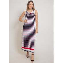 Vestido Longo Pau a Pique Listrado Vermelho e Azul Marinho
