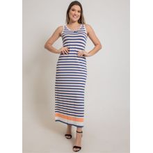 Vestido Longo Pau a Pique Listrado Azul e Salmom